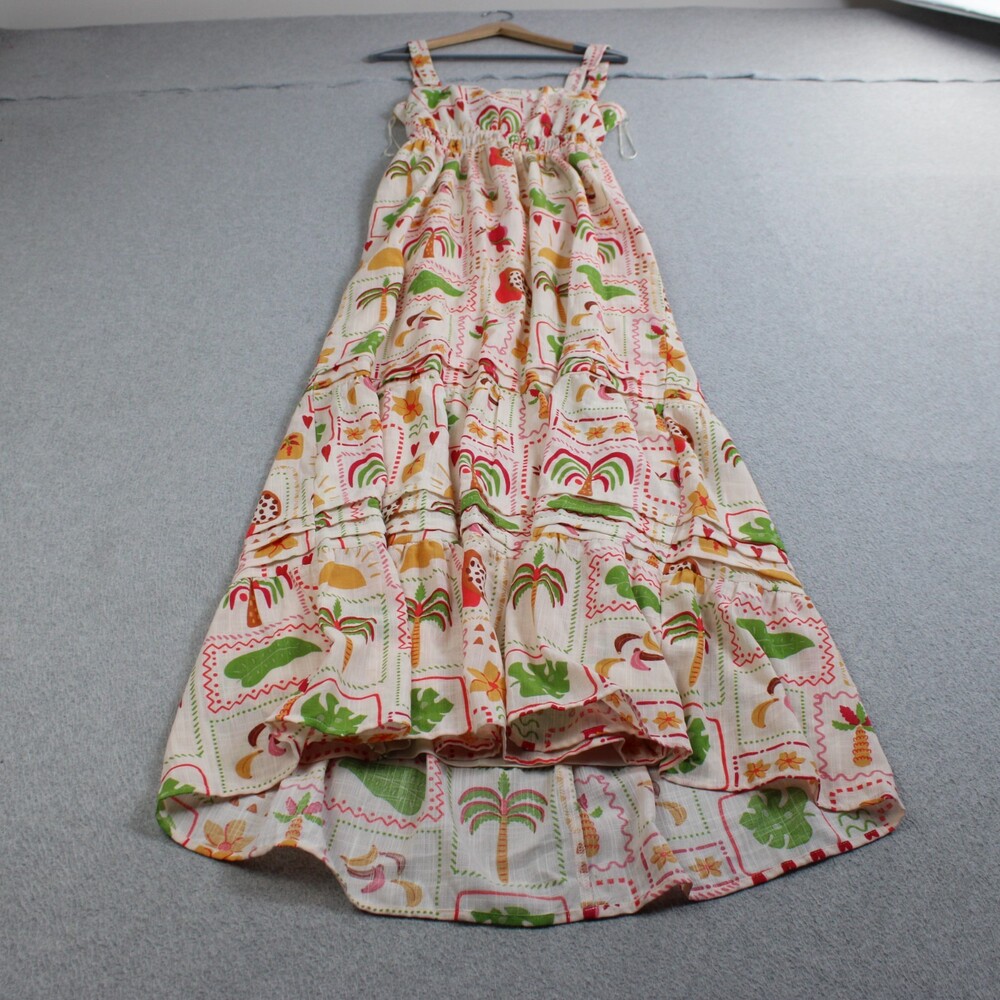 Tropical Dress Women Medium White Maxi Back Tie Tier Parrot Boho Coastal Cruise
